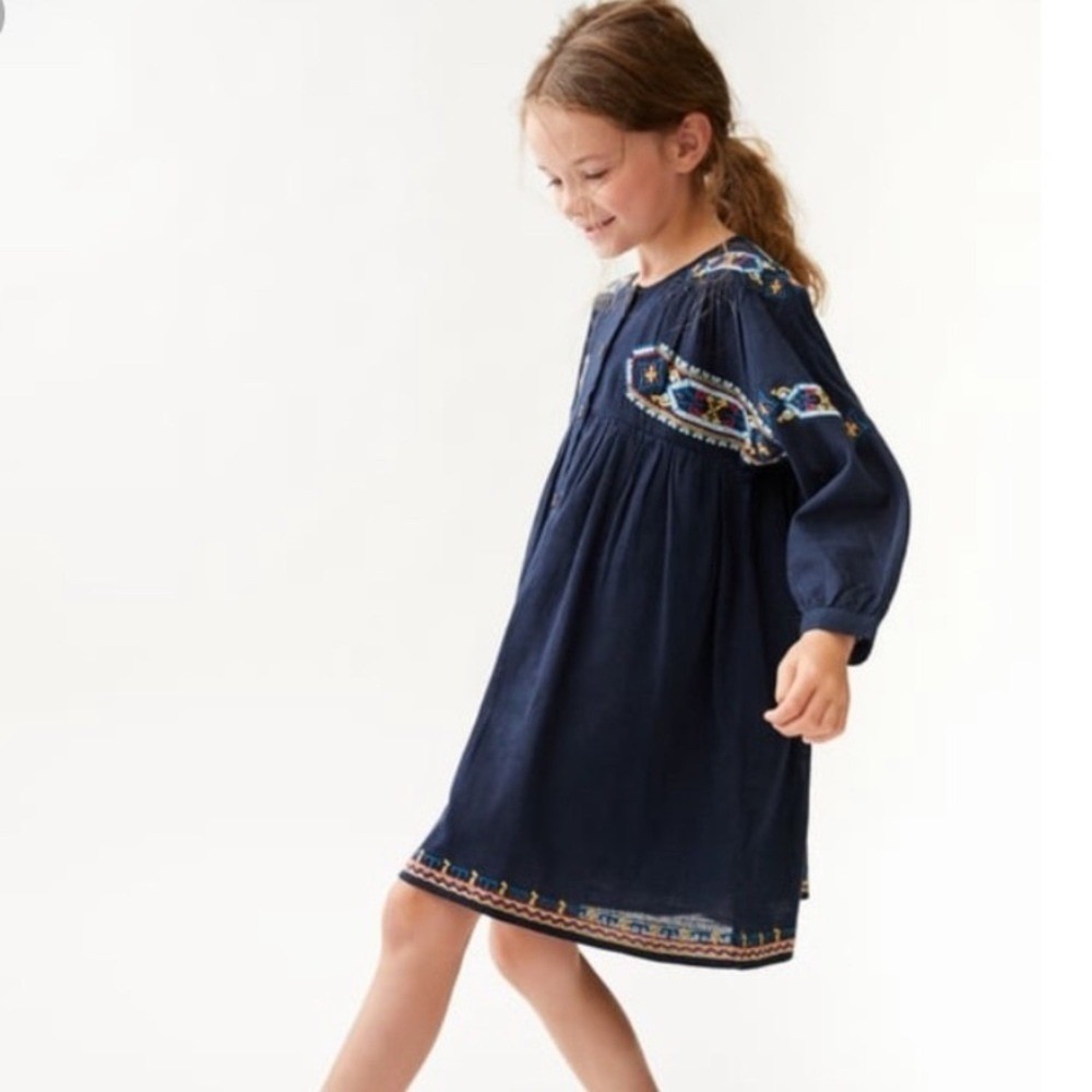 Zara Kids Navy Blue Embroidered Boho Button Front Cotton Dress Size 8 128cm